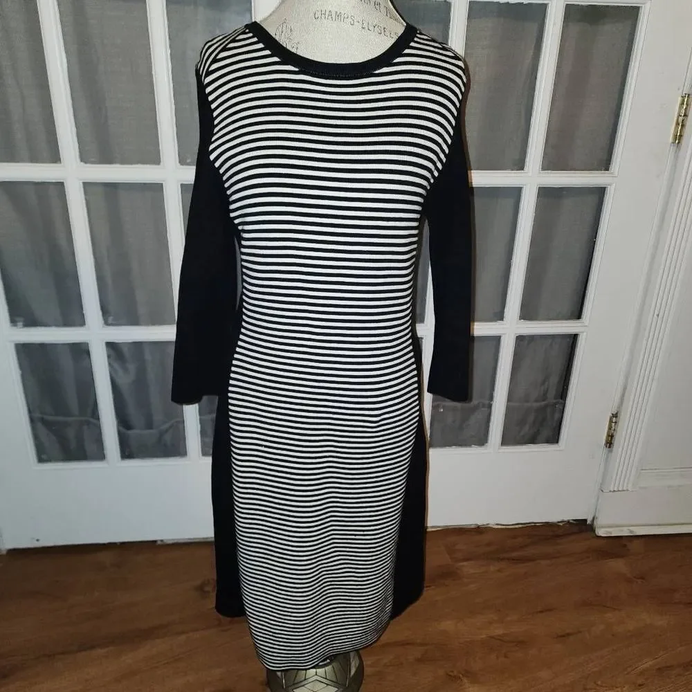 J Mclaughlin Womens Black White Striped Long Sleeve Sweater Dress Medium